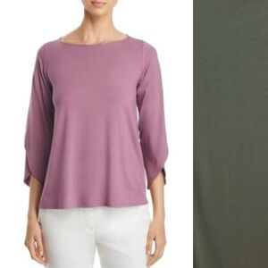 Eileen Fischer Tulip Sleeve Split 3/4 Sleeve Work Dressy Top Tee S Dusty Green